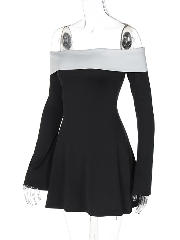 Momsmood Off Shoulder Hit Colot Flare Sleeve Gender Reveal Baby Shower Maternity Mini Dress