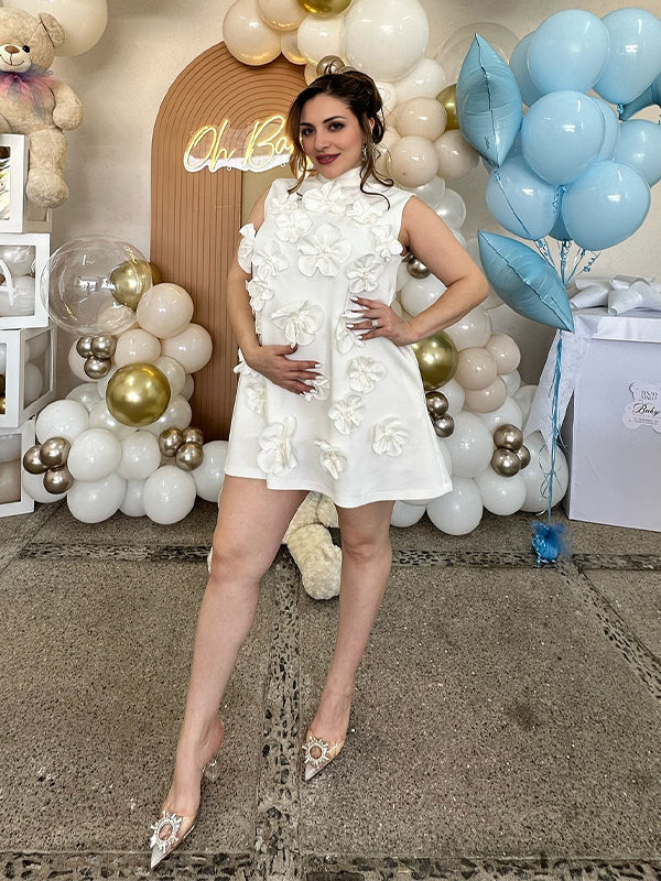 Momsmood 3D Flowers Band Neck Gender Reveal Baby Shower Maternity Mini Dress