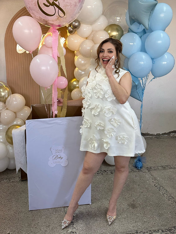 Momsmood 3D Flowers Band Neck Gender Reveal Baby Shower Maternity Mini Dress