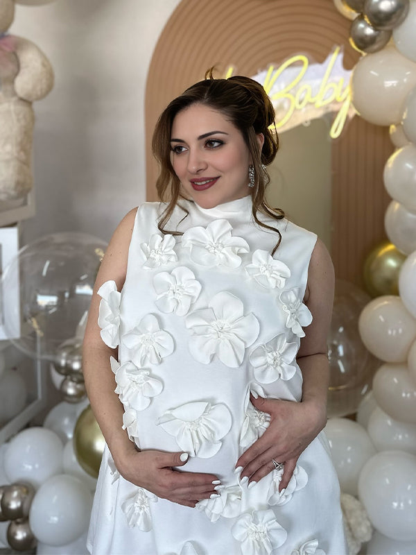 Momsmood 3D Flowers Band Neck Gender Reveal Baby Shower Maternity Mini Dress