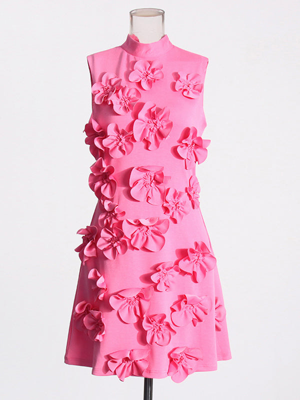 Momsmood 3D Flowers Band Neck Gender Reveal Baby Shower Maternity Mini Dress
