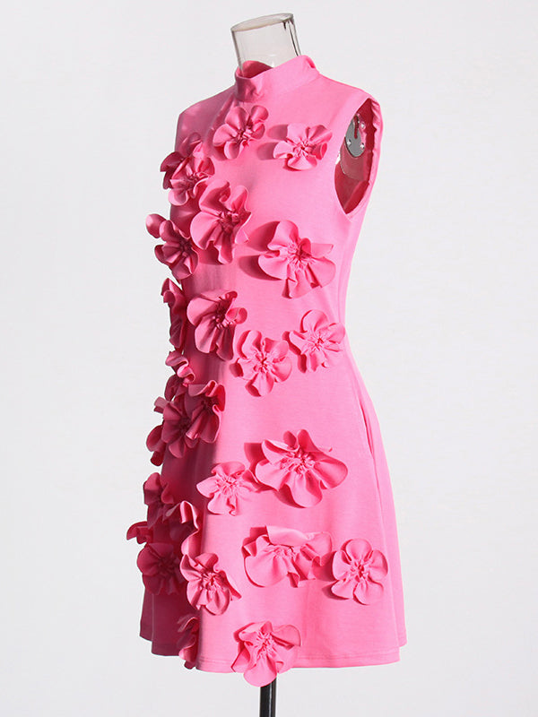 Momsmood 3D Flowers Band Neck Gender Reveal Baby Shower Maternity Mini Dress