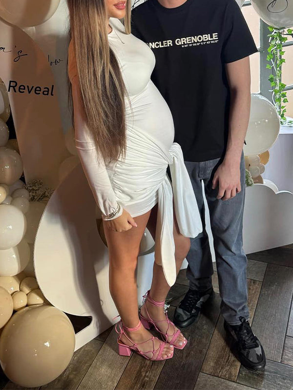 Momsmood Ruched Draped Twist Flare Sleeve Baby Shower Maternity Mini Dress