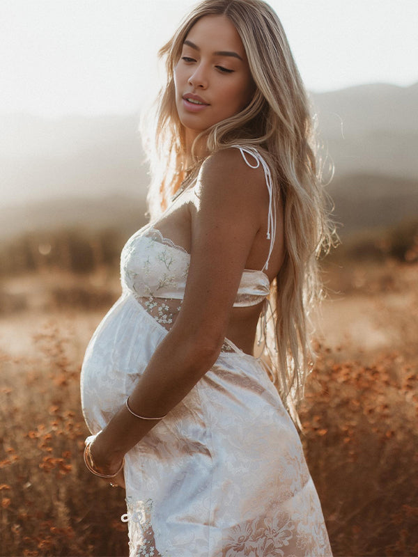 Momsmood Lace Tie Backless Slit Floral Bow Boho Photoshoot Maternity Mini Dress
