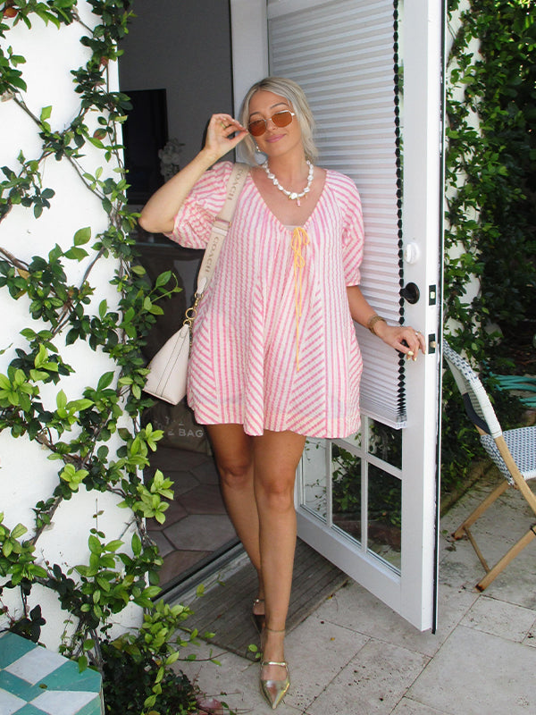 Pink Striped Smocked Bow Maternity Mini Dress