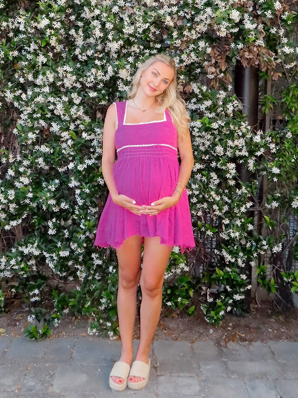 Rose Carmine Lace Buttons Ruffle Smocked Backless Maternity Mini Dress