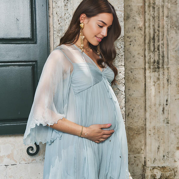 Blue Ruched Ruffle Chiffon Photoshoot Maternity Mini Dress Top