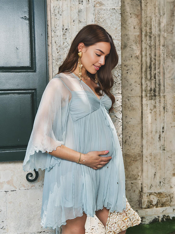 Blue Ruched Ruffle Chiffon Photoshoot Maternity Mini Dress Top
