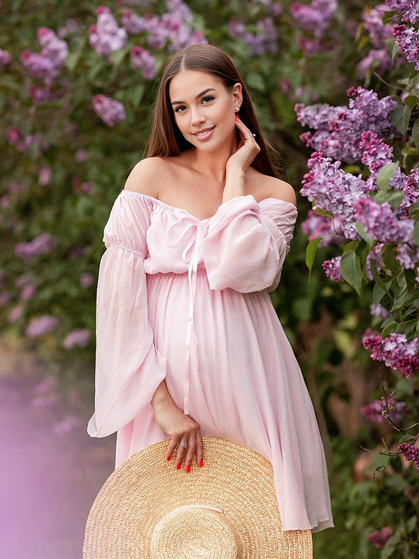 Pink Off Shoulder Irregular Ruffle Photoshoot Maternity Mini Dress