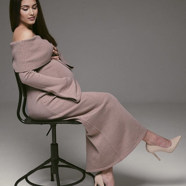 Momsmood Khaki Off Shoulder Photoshoot Maternity Maxi Sweater Dress