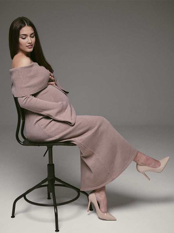 Momsmood Khaki Off Shoulder Photoshoot Maternity Maxi Sweater Dress