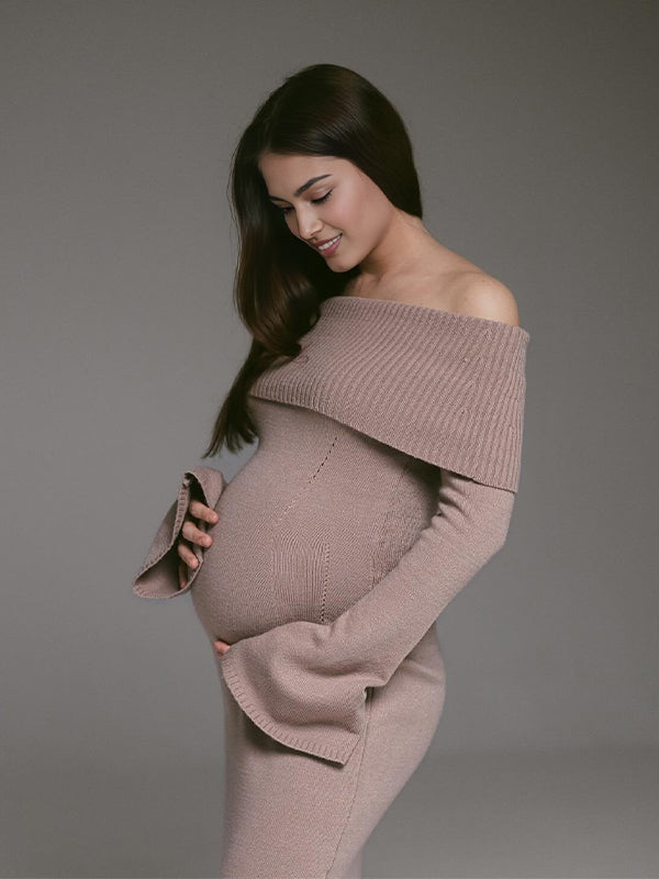Momsmood Khaki Off Shoulder Photoshoot Maternity Maxi Sweater Dress