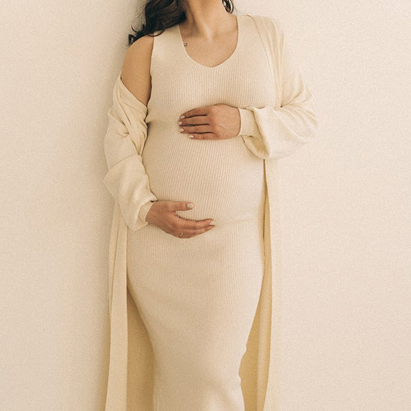 Momsmood White Knitting Two Pieces Cardigan Photoshoot Maternity Sweater Maxi Dress