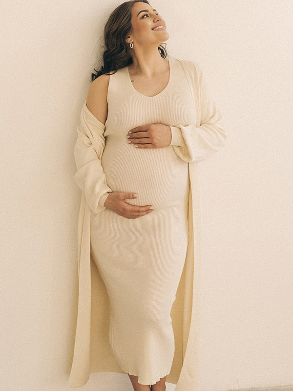 Momsmood White Knitting Two Pieces Cardigan Photoshoot Maternity Sweater Maxi Dress