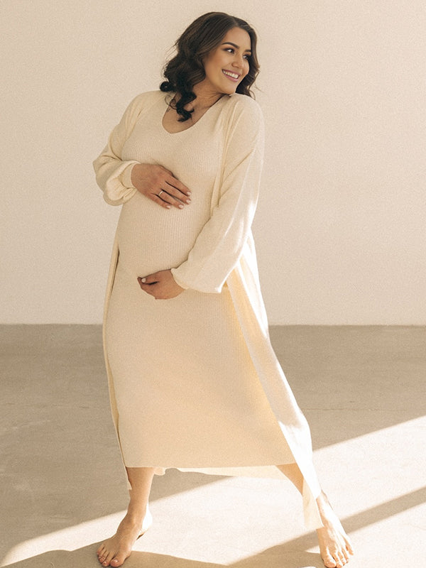 Momsmood White Knitting Two Pieces Cardigan Photoshoot Maternity Sweater Maxi Dress