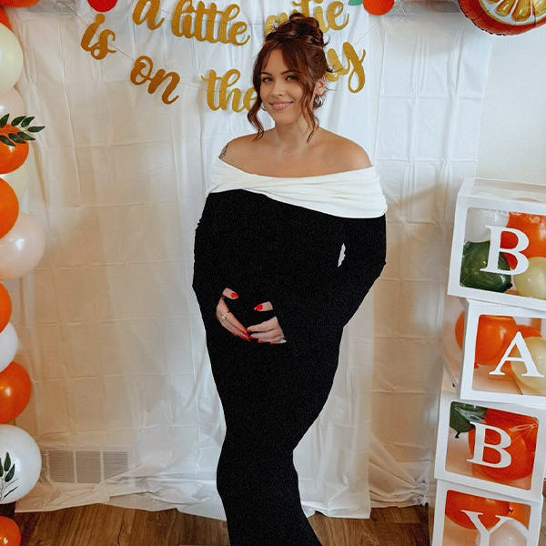 Momsmood Black Off Shoulder Twist Baby Shower Maternity Maxi Sweater Dress