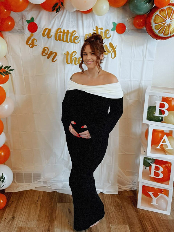 Momsmood Black Off Shoulder Twist Baby Shower Maternity Maxi Sweater Dress