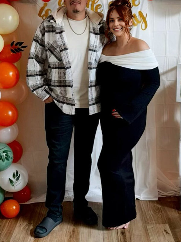 Momsmood Black Off Shoulder Twist Baby Shower Maternity Maxi Sweater Dress