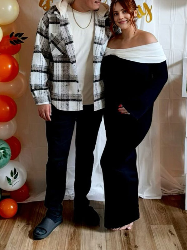 Momsmood Black Off Shoulder Twist Baby Shower Maternity Maxi Sweater Dress