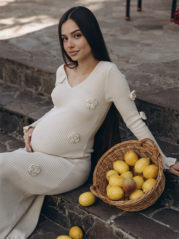 Momsmood Apricot 3D Flowers Ruffle Photoshoot Maternity Maxi Sweater Dress