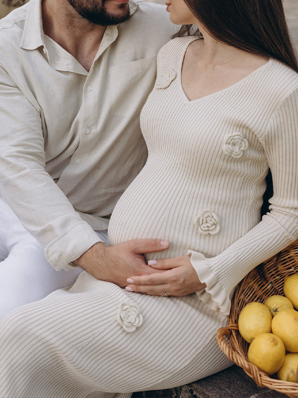 Momsmood Apricot 3D Flowers Ruffle Photoshoot Maternity Maxi Sweater Dress