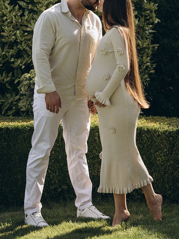 Momsmood Apricot 3D Flowers Ruffle Photoshoot Maternity Maxi Sweater Dress