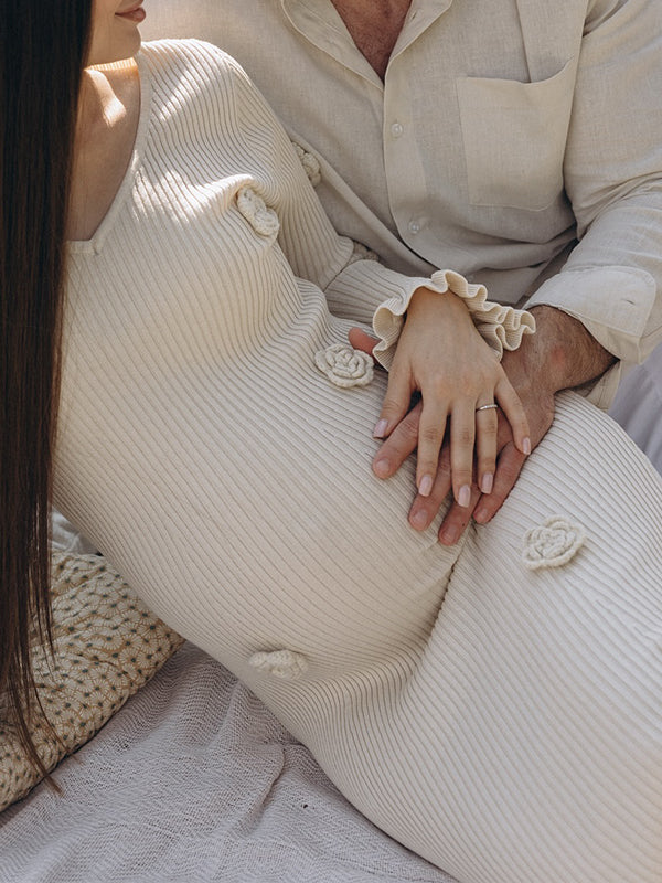 Momsmood Apricot 3D Flowers Ruffle Photoshoot Maternity Maxi Sweater Dress