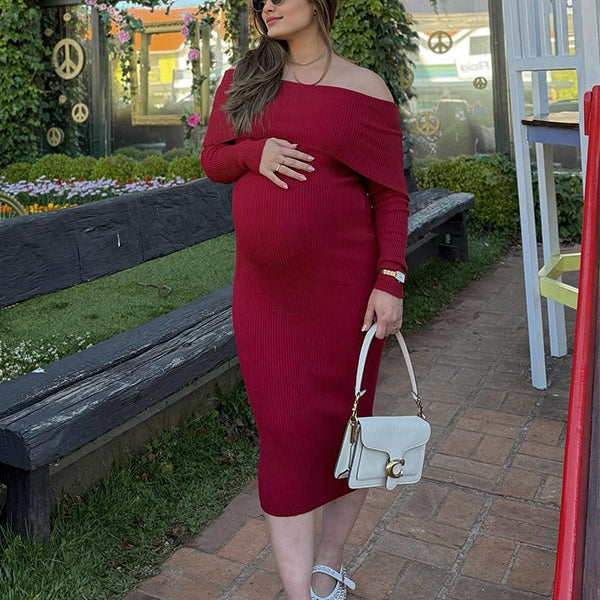 Momsmood Christmas Dark Red Off Shoulder Maternity Maxi Sweater Dress