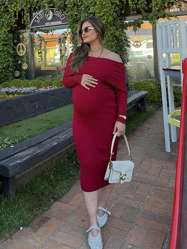 Momsmood Christmas Dark Red Off Shoulder Maternity Maxi Sweater Dress