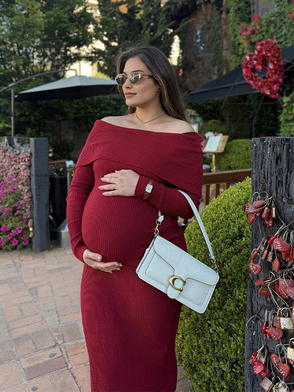 Momsmood Christmas Dark Red Off Shoulder Maternity Maxi Sweater Dress