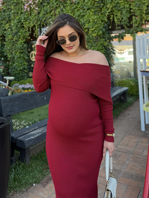 Momsmood Christmas Dark Red Off Shoulder Maternity Maxi Sweater Dress