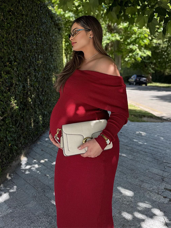 Momsmood Christmas Dark Red Off Shoulder Maternity Maxi Sweater Dress