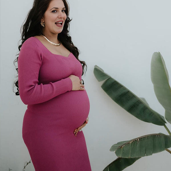 Momsmood Rose Carmine Square Neck Crochet Maternity Photoshoot Sweater Maxi Dress