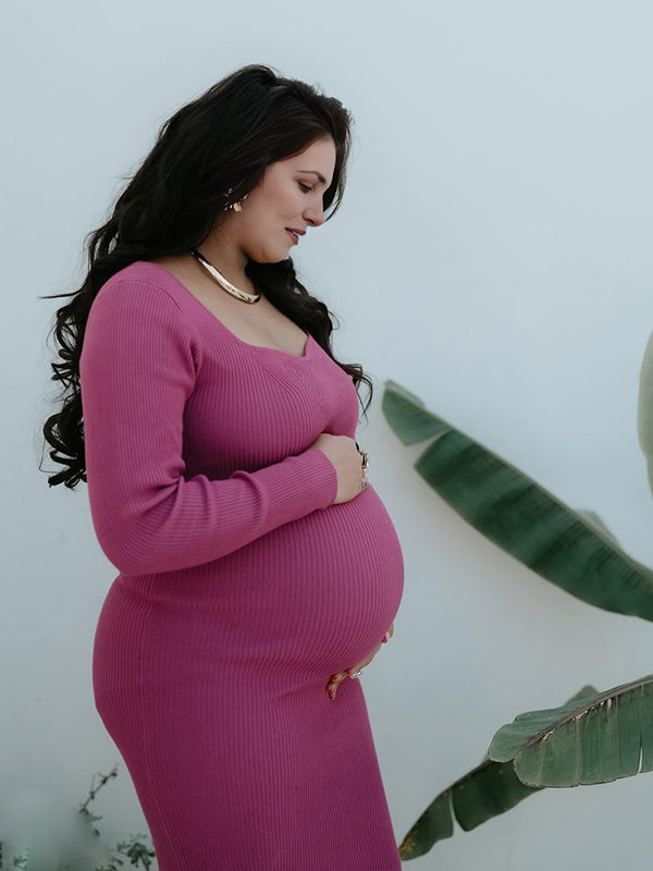 Momsmood Rose Carmine Square Neck Crochet Maternity Photoshoot Sweater Maxi Dress