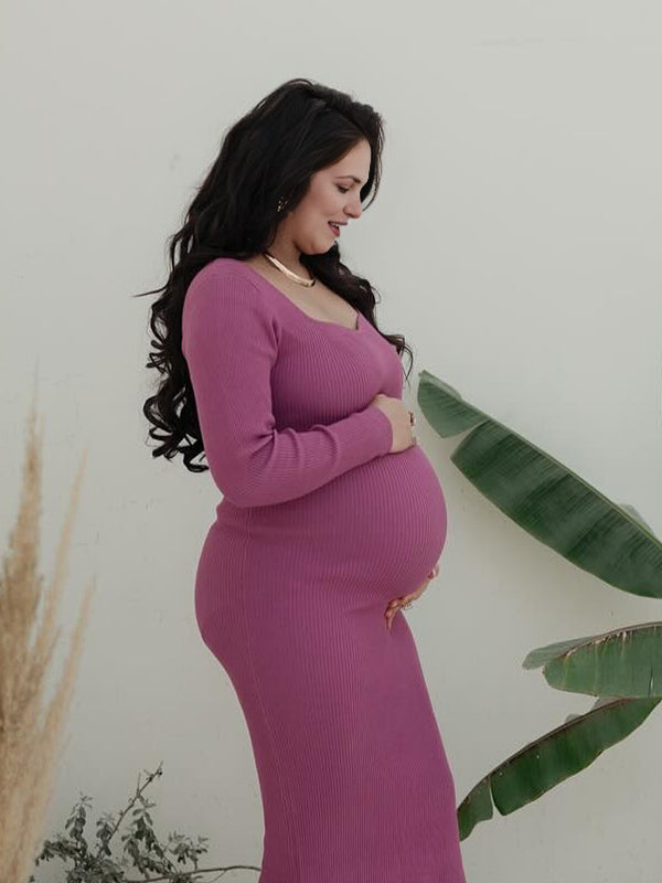 Momsmood Rose Carmine Square Neck Crochet Maternity Photoshoot Sweater Maxi Dress