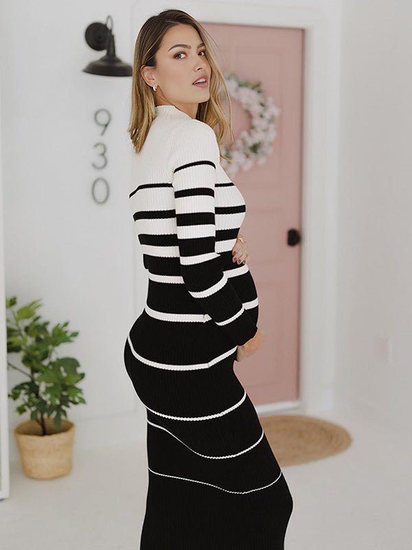 Momsmood Black Striped Hit Color Crochet Maternity Photoshoot Sweater Maxi Dress