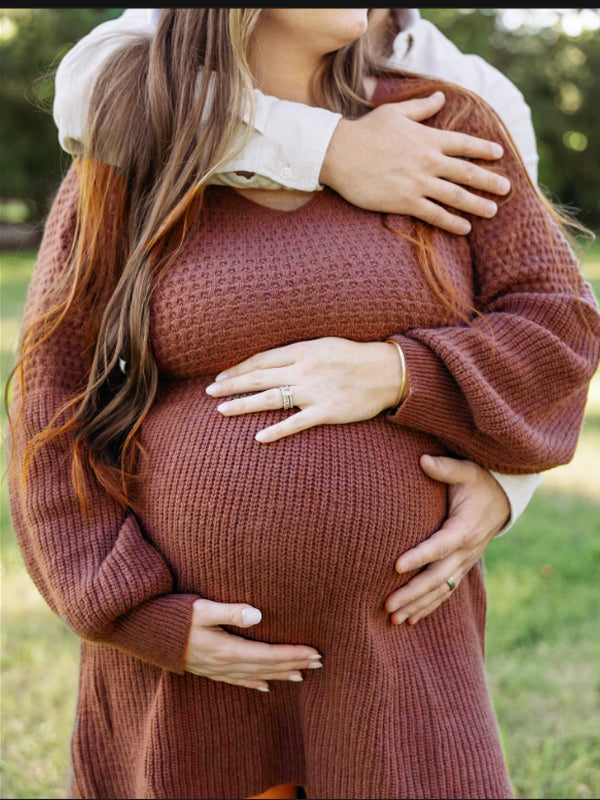 Momsmood V Neck Puff Sleeve Crochet Maternity Photoshoot Sweater Mini Dress