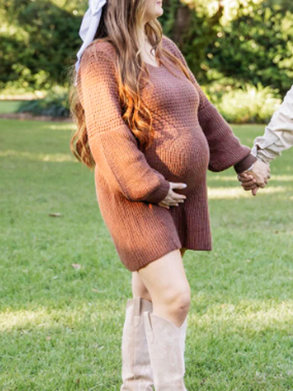 Momsmood V Neck Puff Sleeve Crochet Maternity Photoshoot Sweater Mini Dress