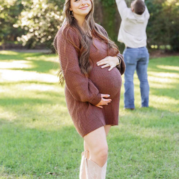 Momsmood V Neck Puff Sleeve Crochet Maternity Photoshoot Sweater Mini Dress