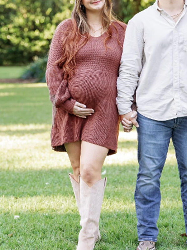 Momsmood V Neck Puff Sleeve Crochet Maternity Photoshoot Sweater Mini Dress