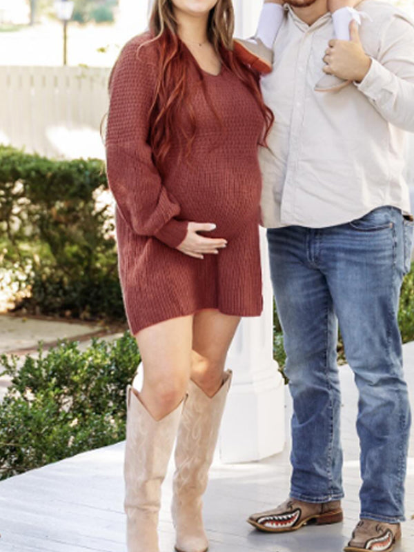 Momsmood V Neck Puff Sleeve Crochet Maternity Photoshoot Sweater Mini Dress
