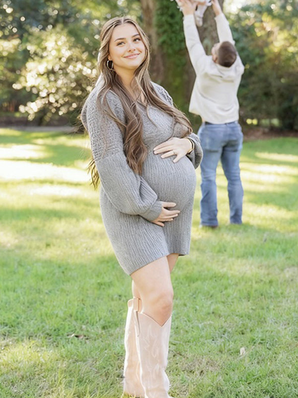 Momsmood V Neck Puff Sleeve Crochet Maternity Photoshoot Sweater Mini Dress