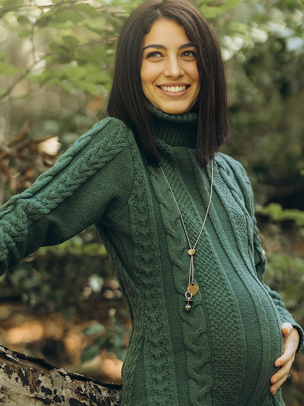Momsmood Christmas Green High Neck Crochet Maternity Photoshoot Sweater Mini Dress