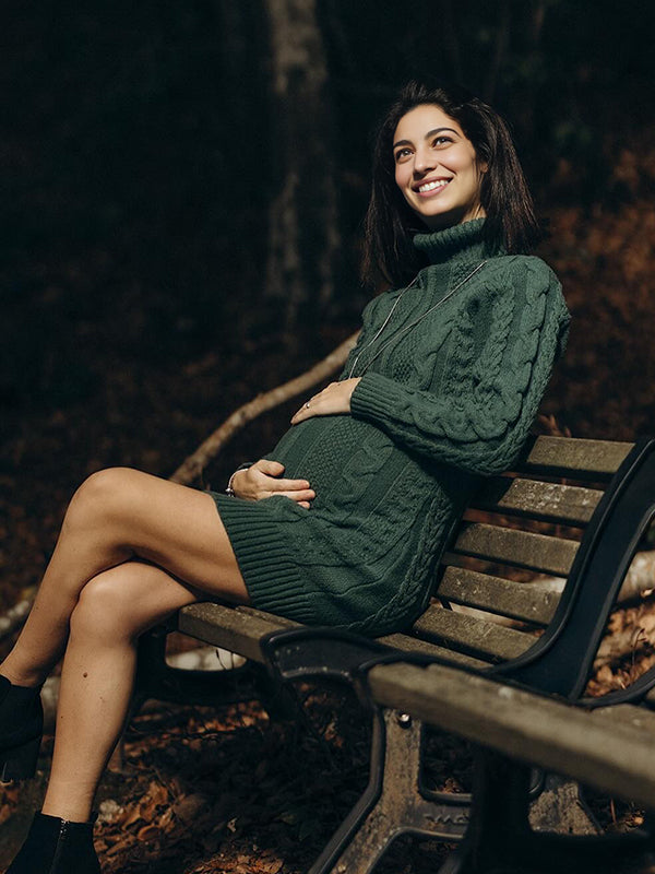 Momsmood Green High Neck Crochet Maternity Photoshoot Sweater Mini Dress