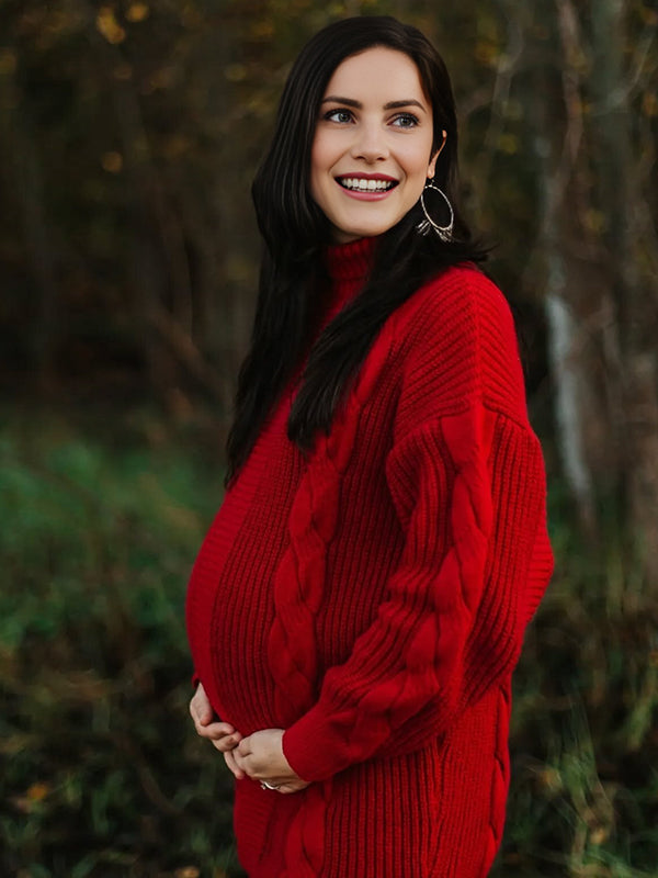 Momsmood Christmas Red High Neck Crochet Maternity Photoshoot Sweater Mini Dress