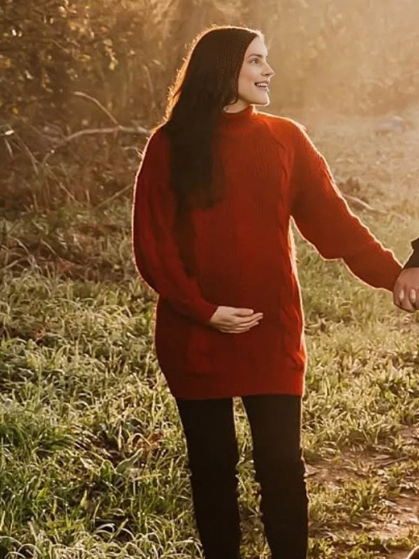 Momsmood Christmas Red High Neck Crochet Maternity Photoshoot Sweater Mini Dress