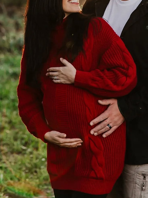 Momsmood Christmas Red High Neck Crochet Maternity Photoshoot Sweater Mini Dress