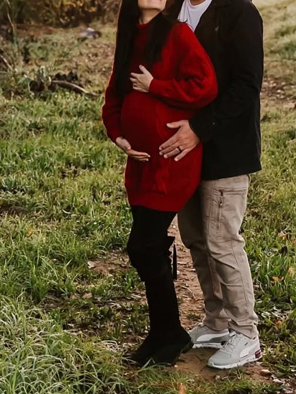 Momsmood Christmas Red High Neck Crochet Maternity Photoshoot Sweater Mini Dress