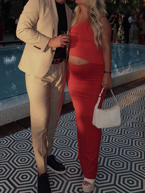 Momsmood Red Oblique Shoulder Ruched Bodycon Vacation Beach Maternity Photoshoot Two Piece Jogger Set
