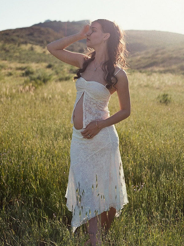 Momsmood White Spaghetti Strap Lace Trumpet Two Piece Daily Vacation Baby Shower Maternity Photoshoot Suits